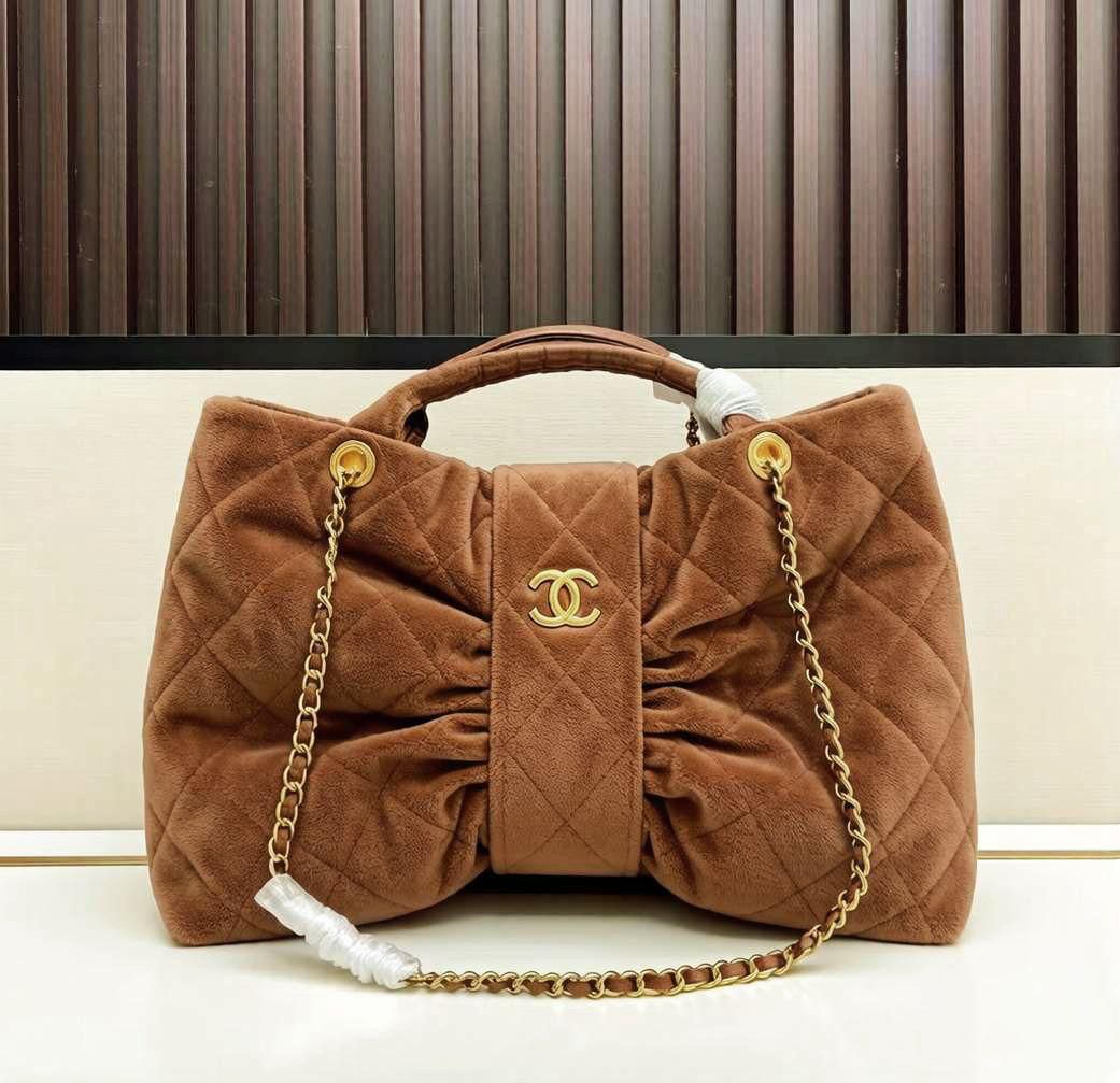 Chanel Quilted Velvet Bow Tote (Camel)