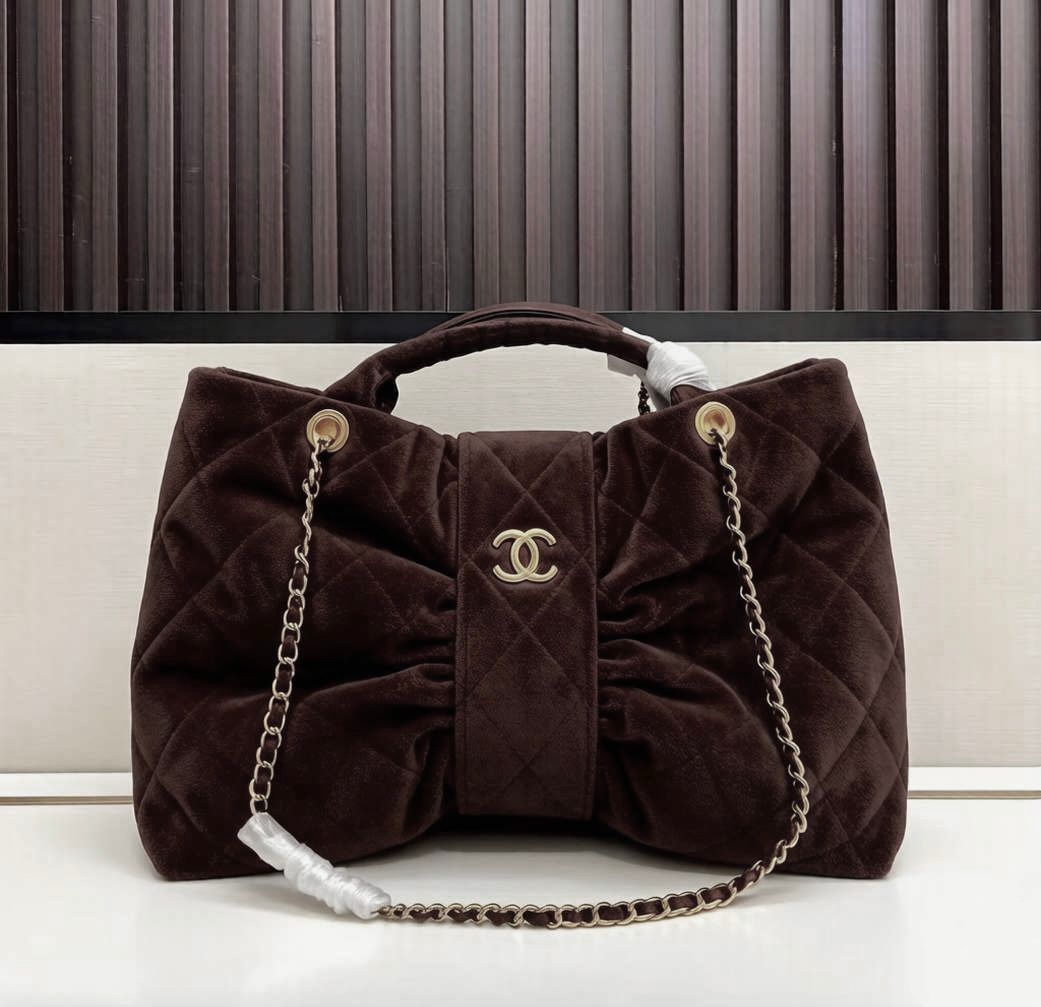 Chanel Quilted Velvet Bow Tote (Dark Brown)
