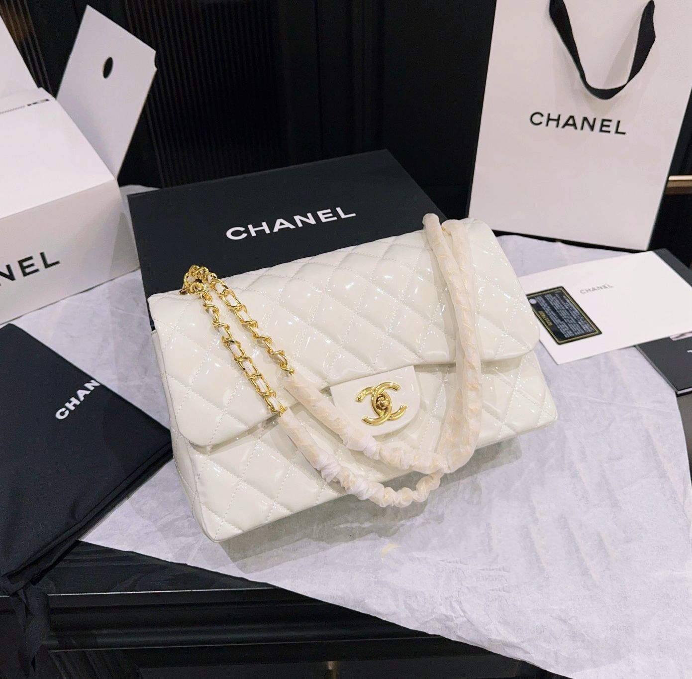 Chanel Classic Double Flap Bag (White Patent Leather with Gold Hardware)