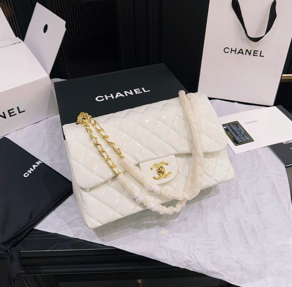 Chanel Classic Double Flap Bag (White Patent Leather with Gold Hardware)