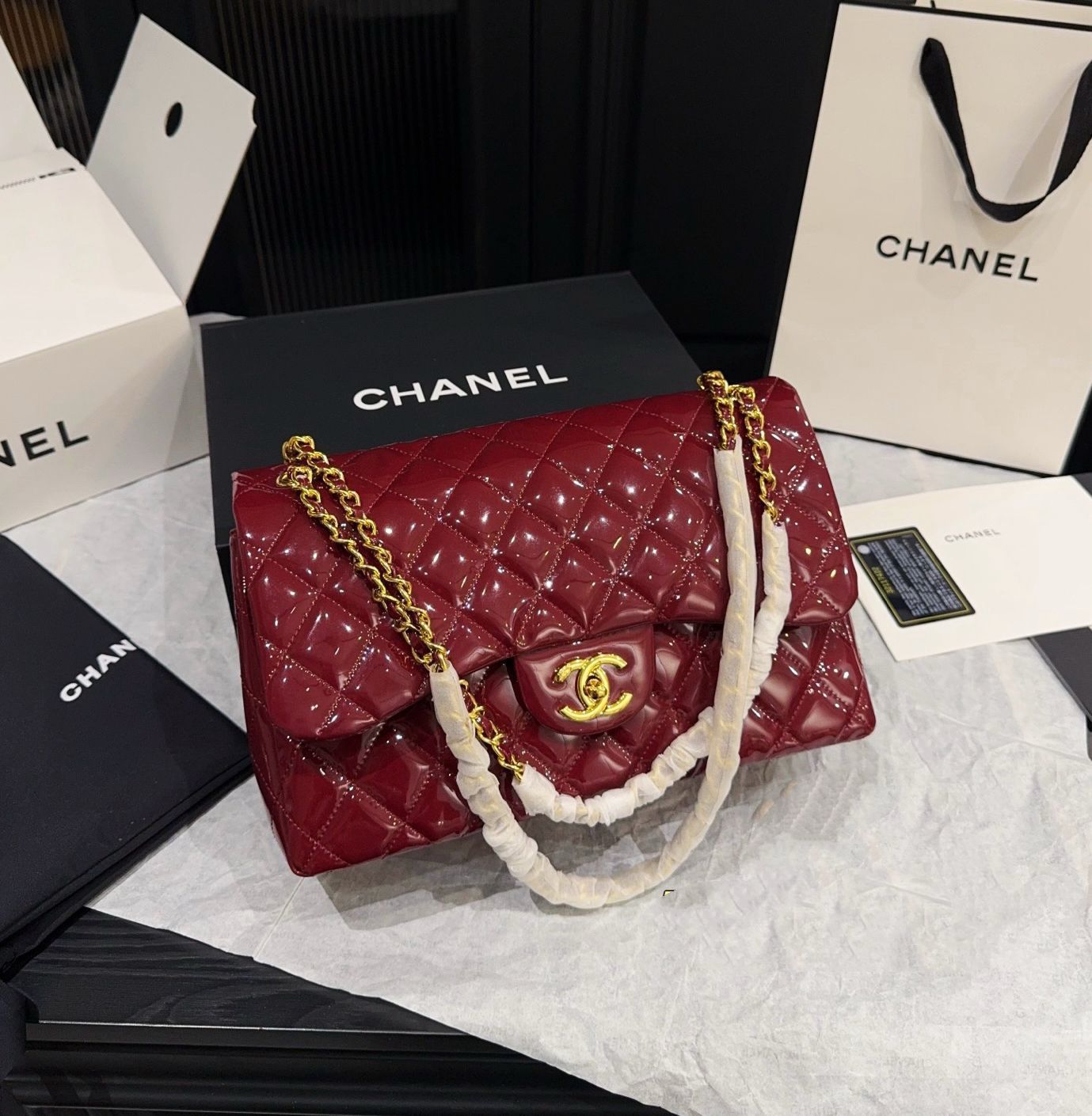 Chanel Classic Double Flap Bag (Burgundy Patent Leather with Gold Hardware)