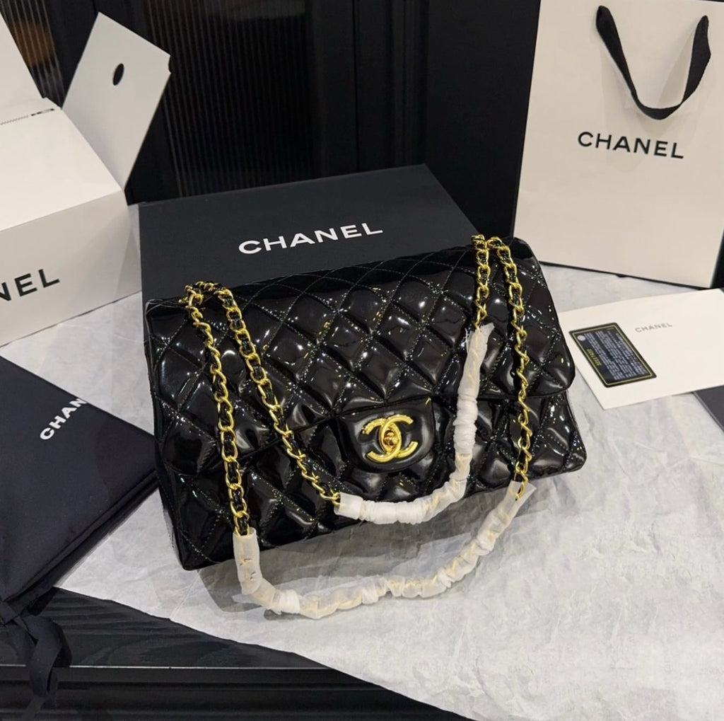 Chanel Classic Double Flap Bag (Black Patent Leather with Gold Hardware)