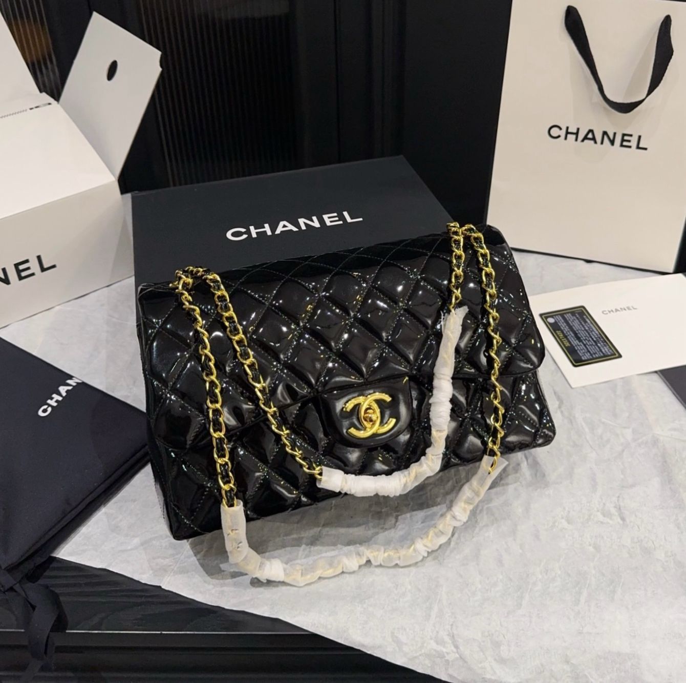 Chanel Classic Double Flap Bag (Black Patent Leather with Gold Hardware)