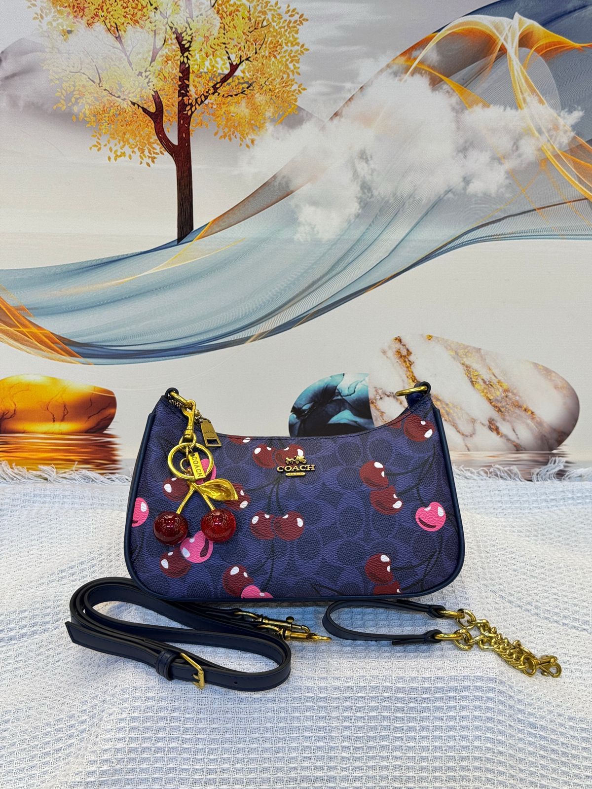 Coach Teri Shoulder Bag in Signature Canvas with Heart Cherry Print (Midnight/Navy Multi)
