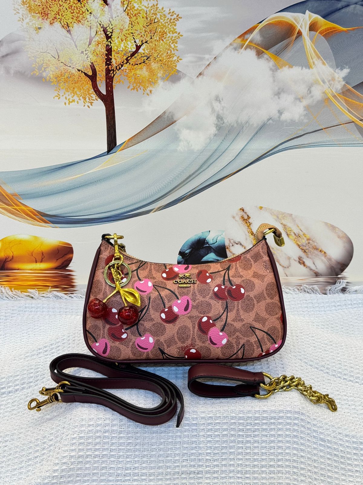 Coach Teri Shoulder Bag in Signature Canvas with Heart Cherry Print (Light Khaki/Wine Multi)