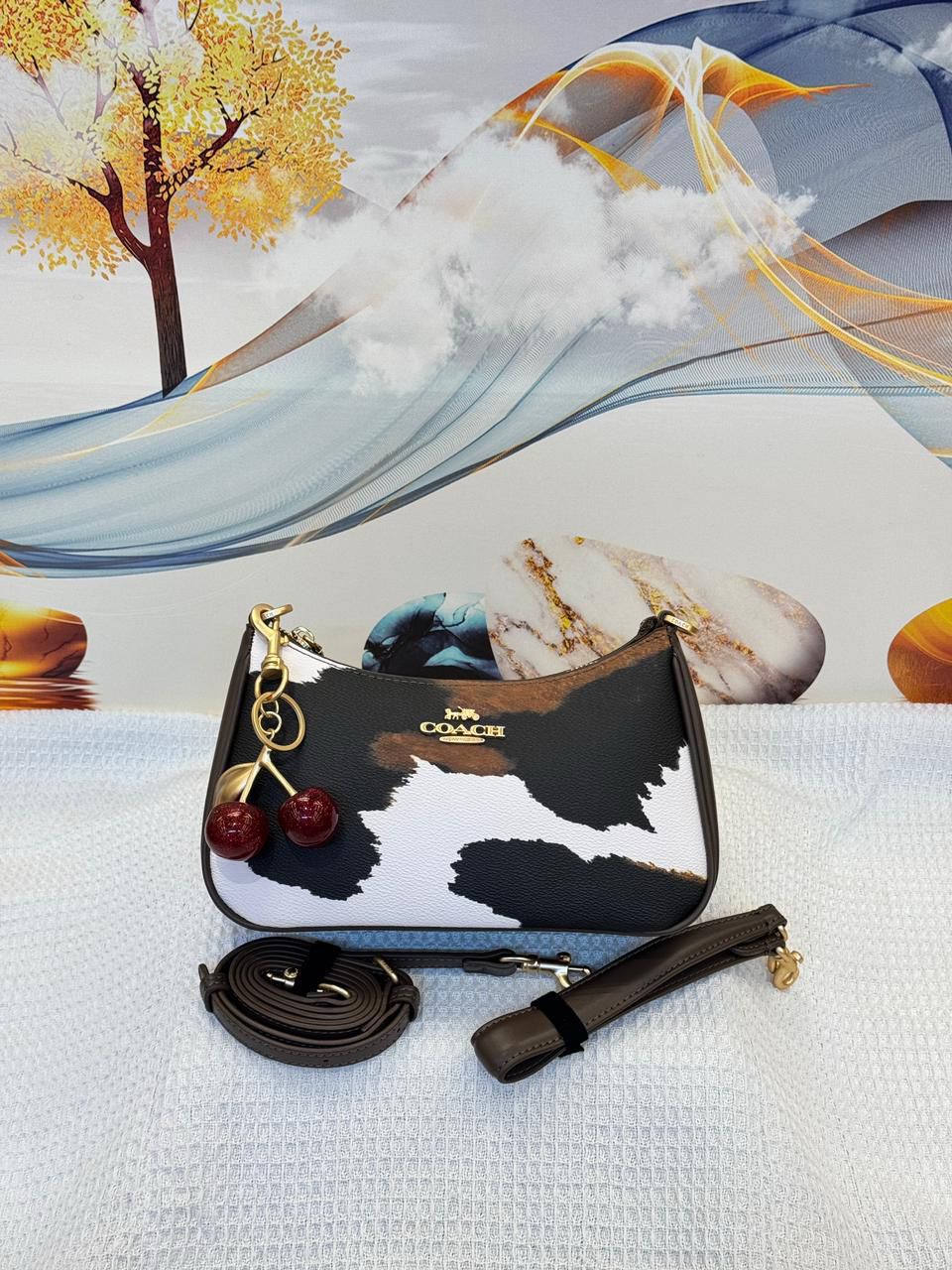 Coach Teri Shoulder Bag with Cow Print (Black/Chalk/Brown)