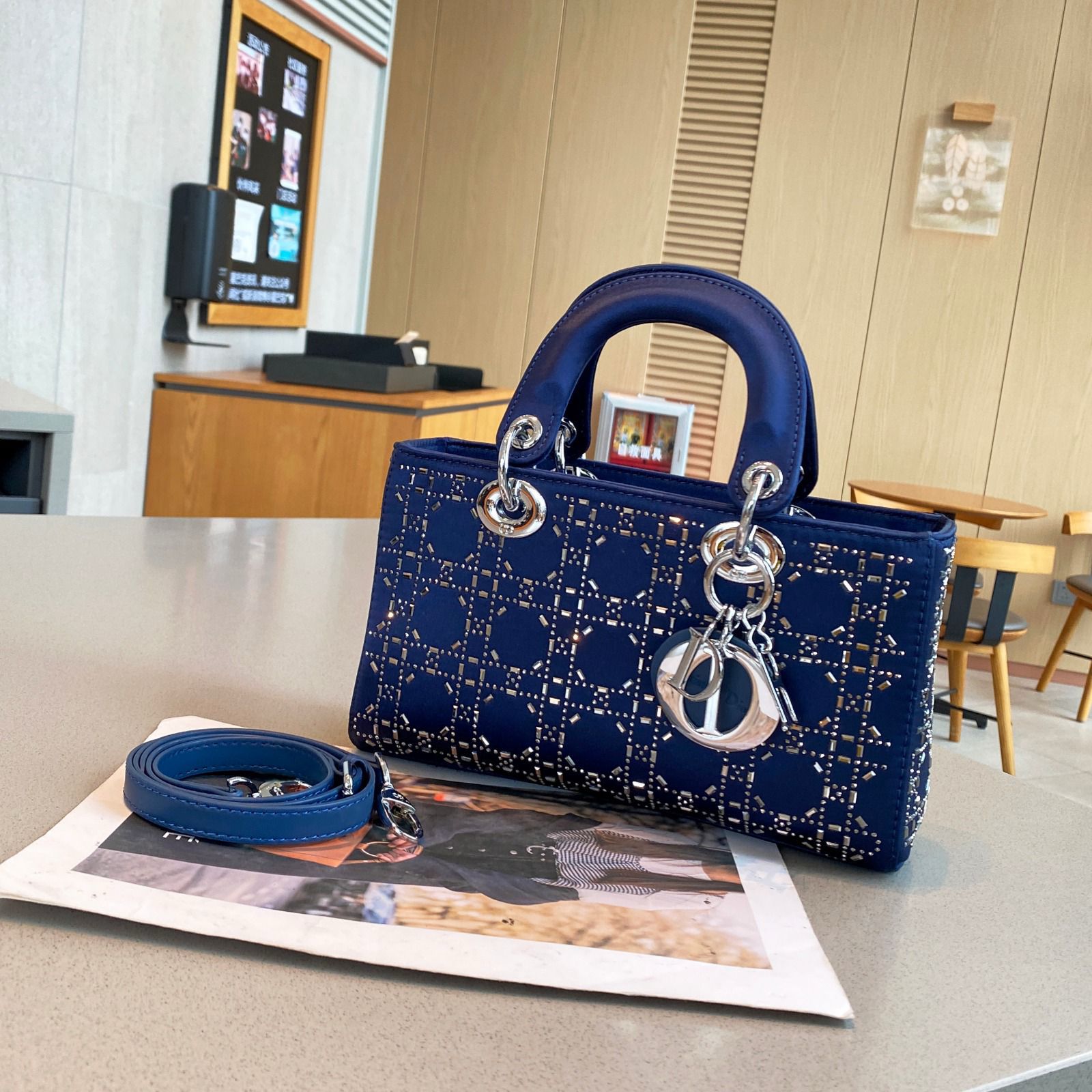 Dior Lady D-Joy Bag (Royal Blue Satin with Crystal/Bead Embellishment)