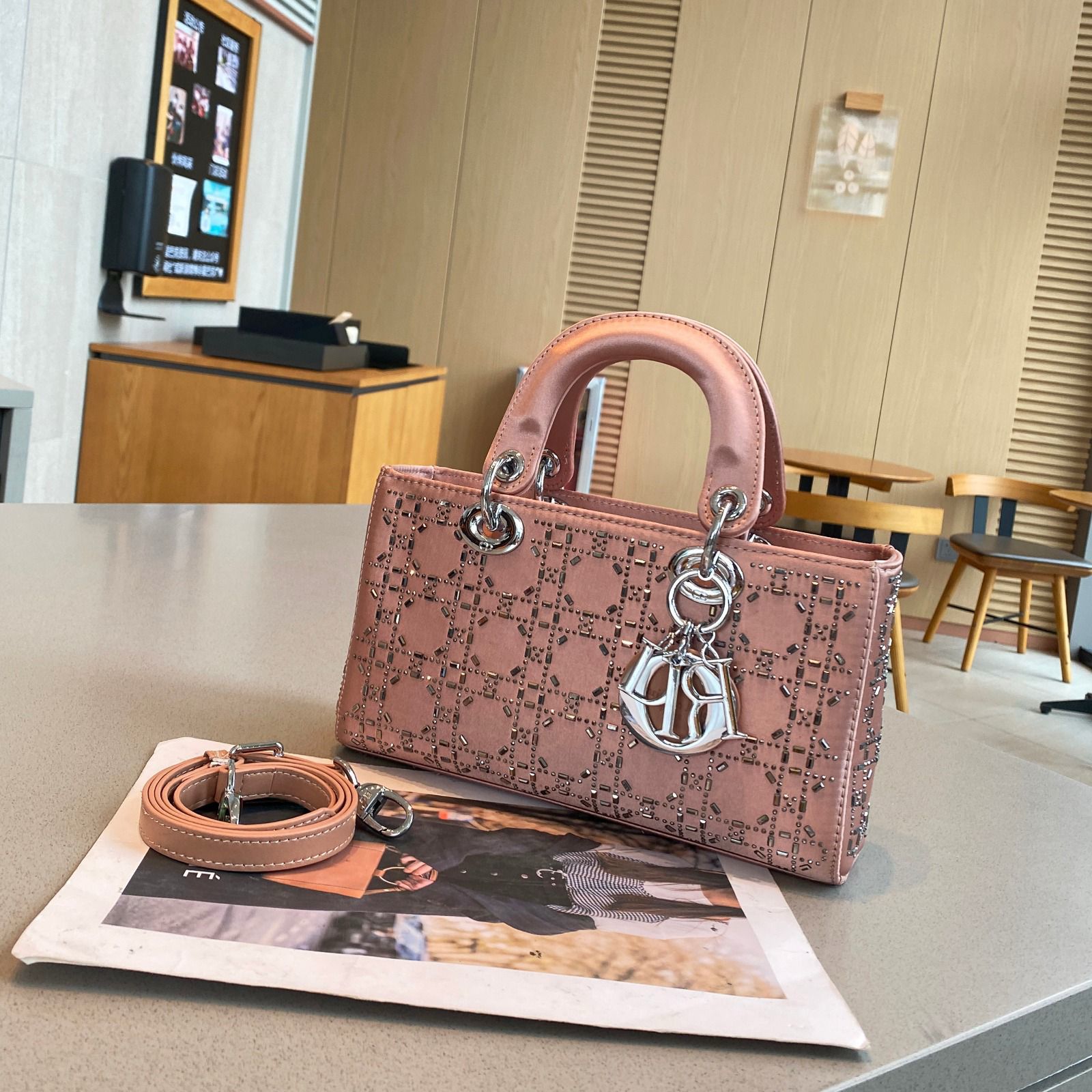 Dior Lady D-Joy Bag (Pink Satin with Crystal/Bead Embellishment)