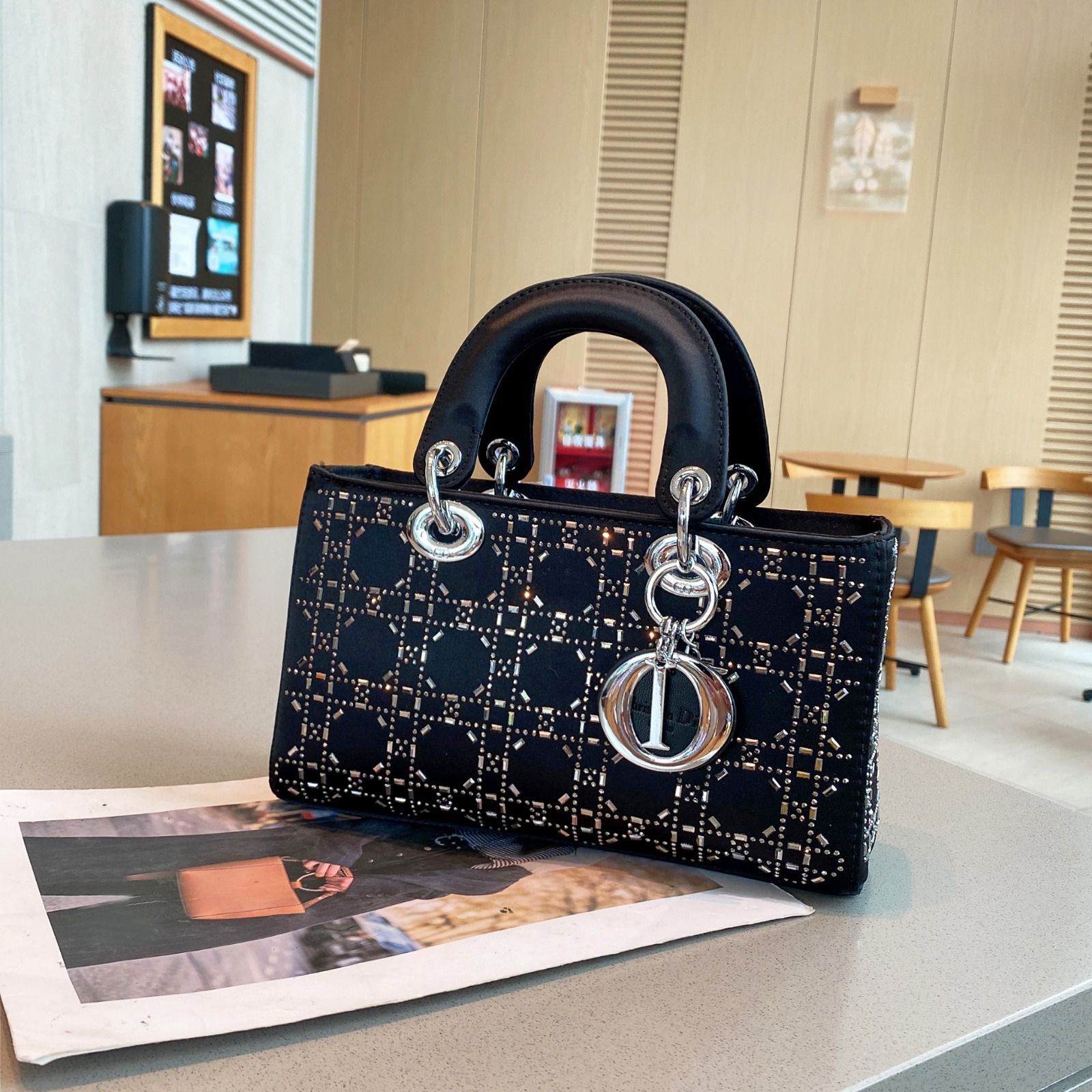 Dior Lady D-Joy Bag (Black Satin with Crystal Stud Cannage)