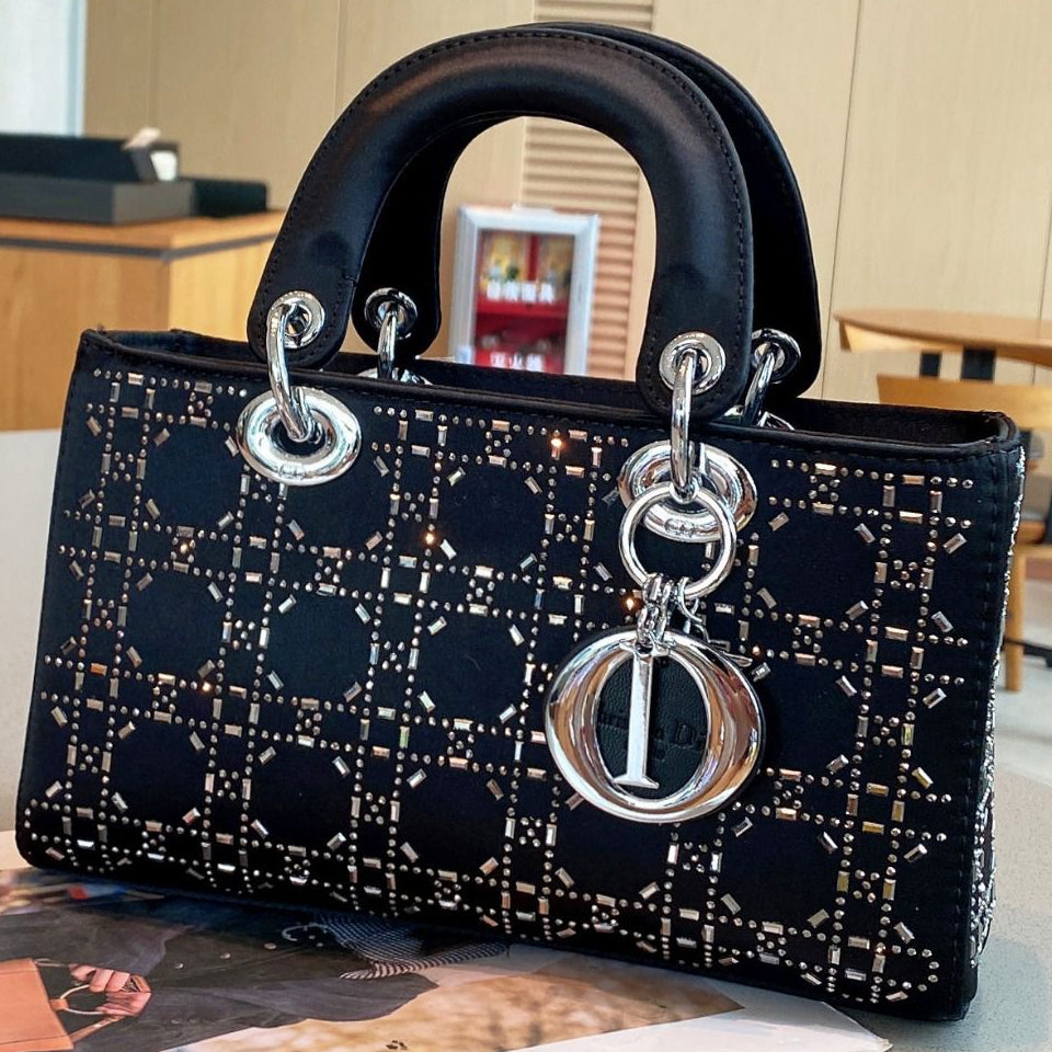 Dior Lady D-Joy Bag (Black Satin with Crystal Stud Cannage)
