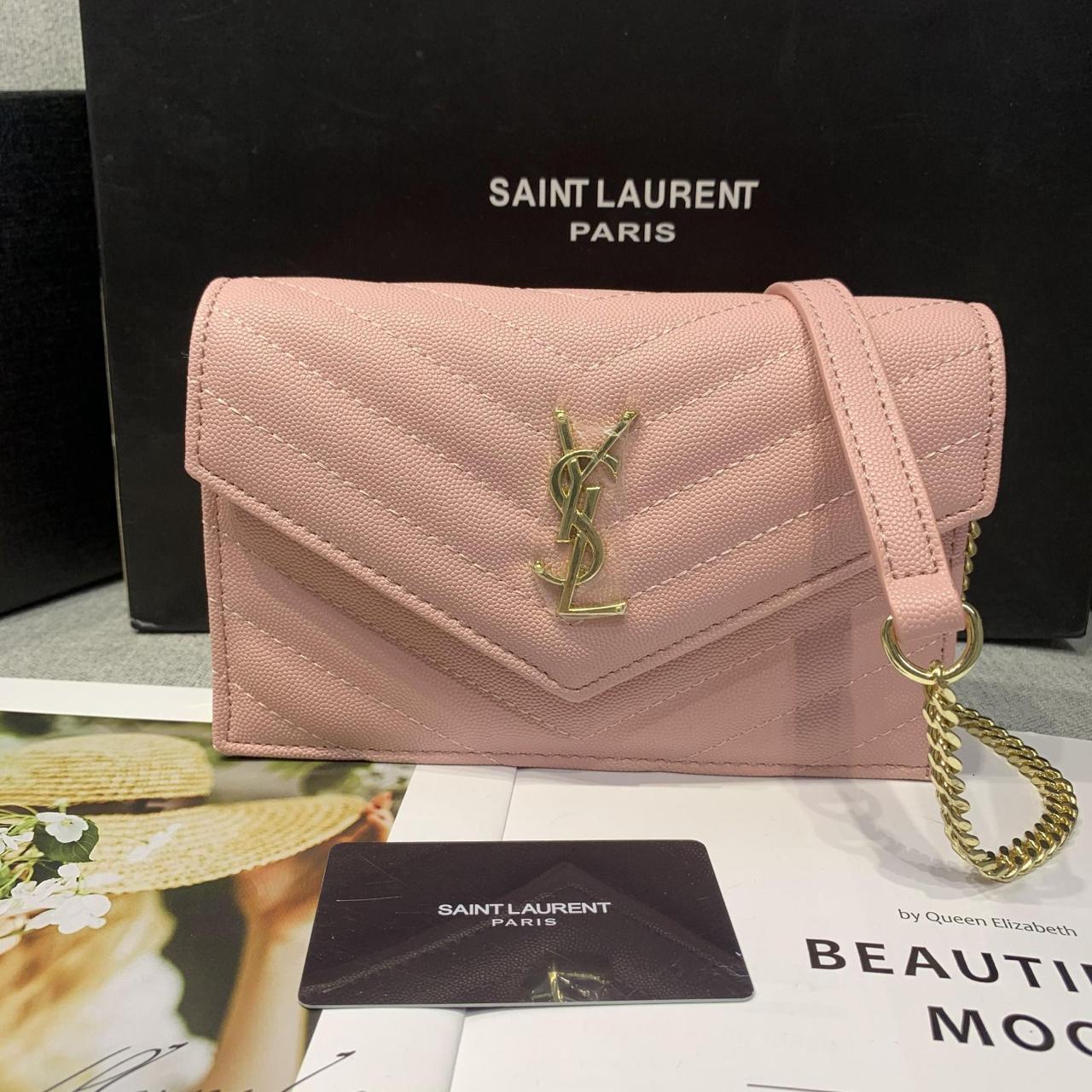 Saint Laurent Cassandre Matelassé Chain Wallet (Pale Pink)