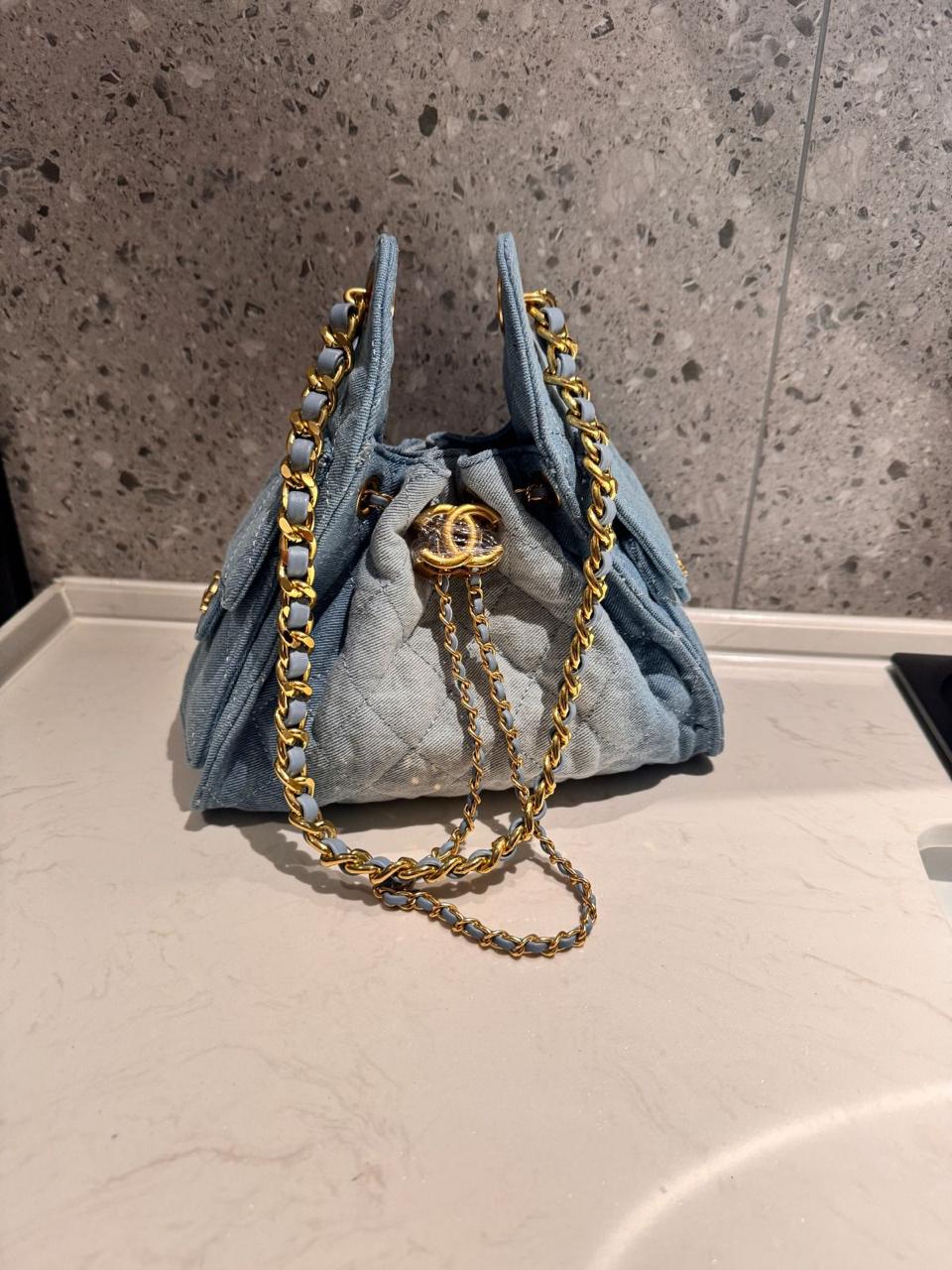 Chanel Small Shopping Bag (Kelly Style Drawstring) in Denim (Light Blue)
