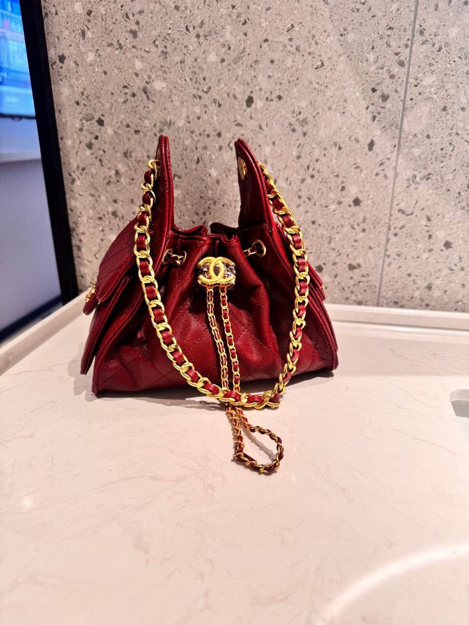 Chanel Small Shopping Bag (Kelly Style Drawstring) in Grained Calfskin (Burgundy)