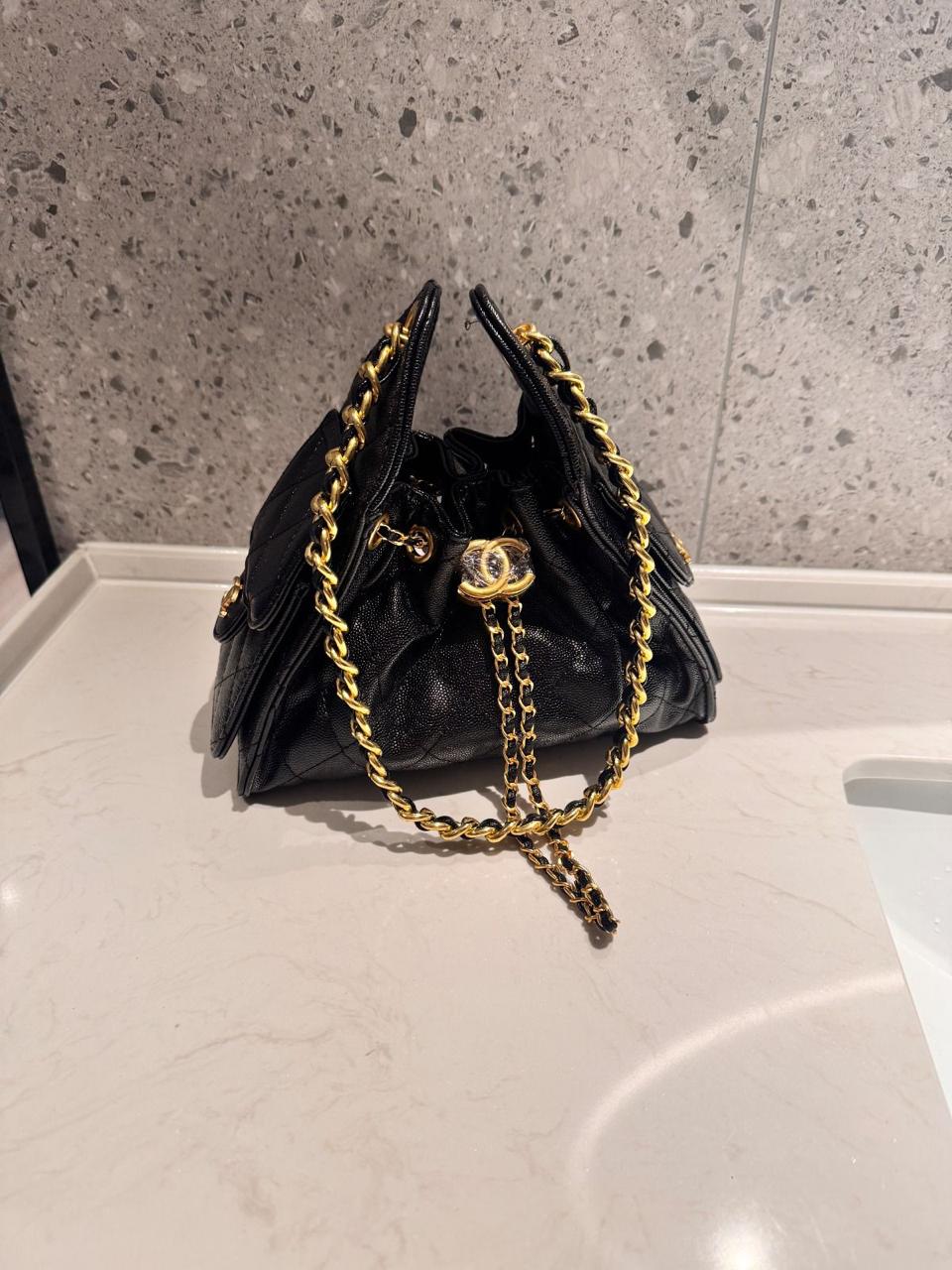 Chanel Small Shopping Bag (Kelly Style Drawstring) in Grained Calfskin (Black)
