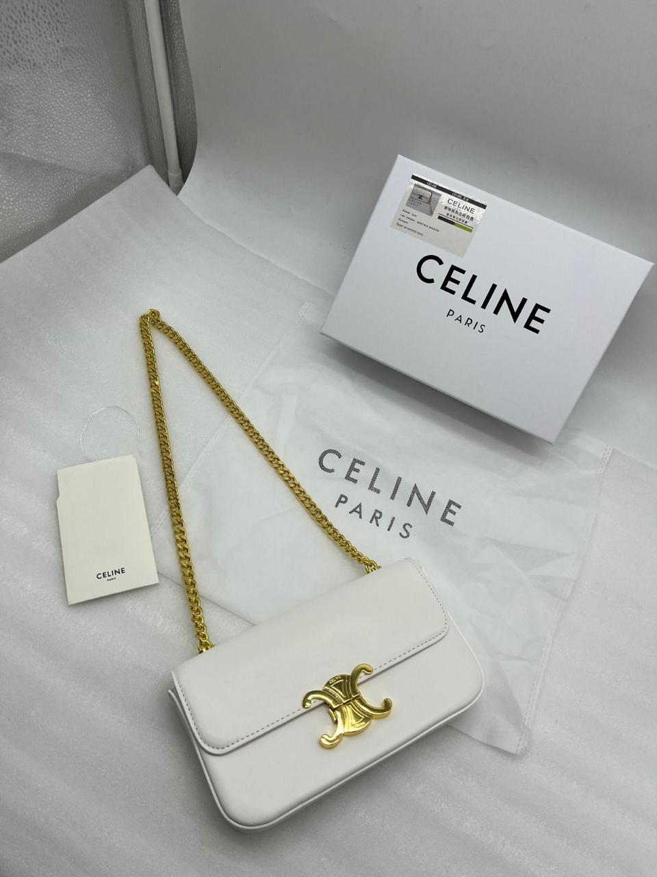 Celine Chain Shoulder Bag Triomphe (Shiny Calfskin - White)