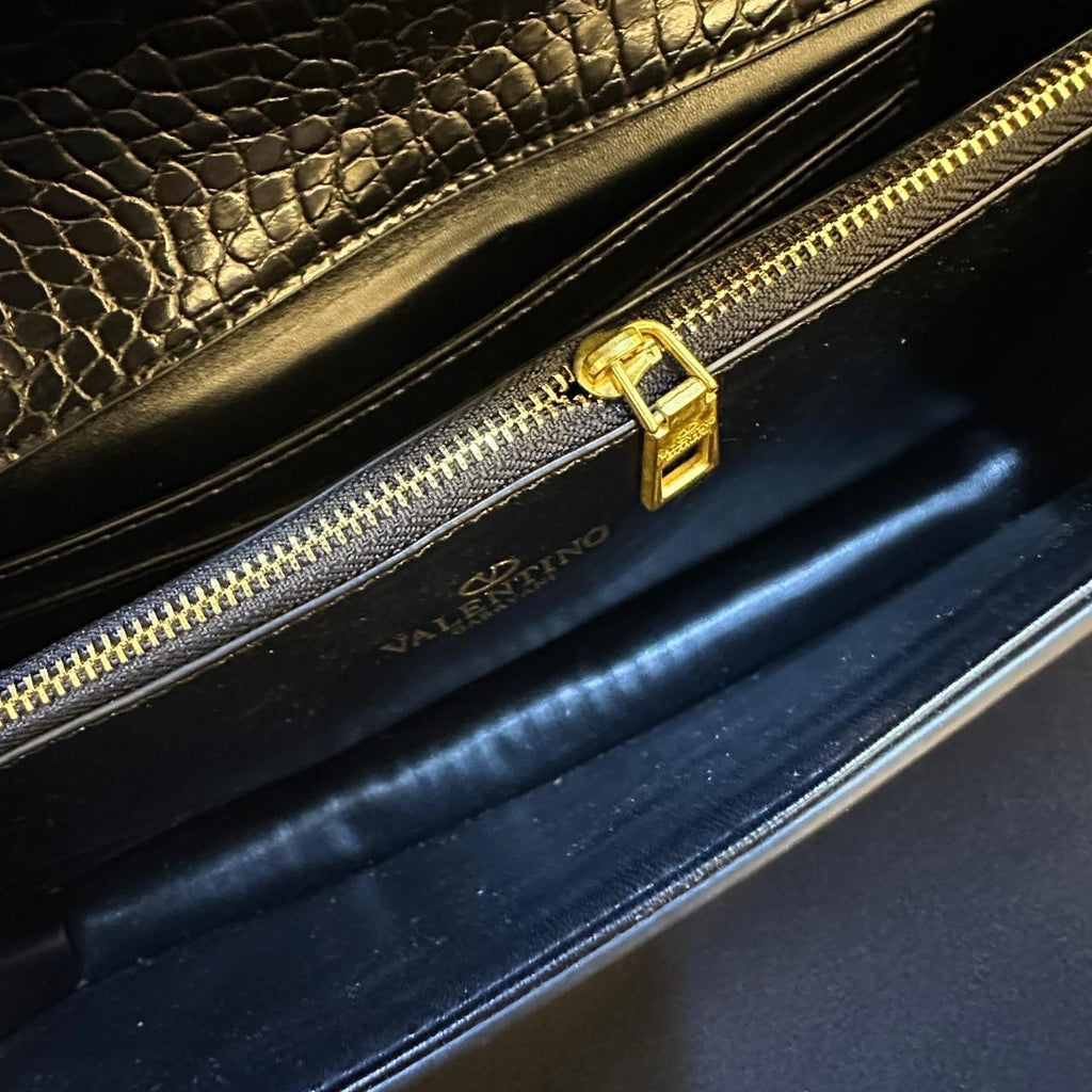 Valentino Garavani VLOGO Signature Chain Wallet (Black Croc-Embossed)