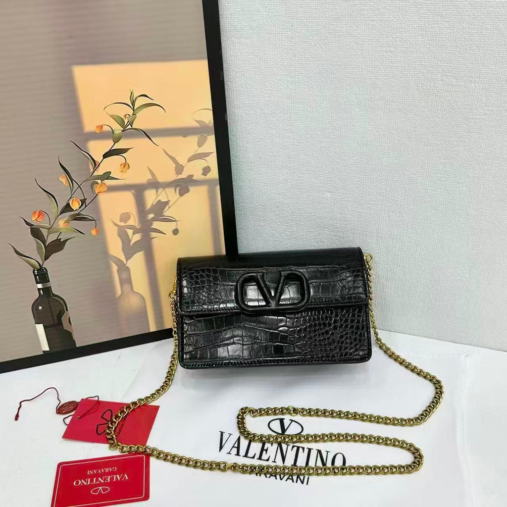 Valentino Garavani VLogo Signature Croc-Embossed Calfskin Chain bag (Black)