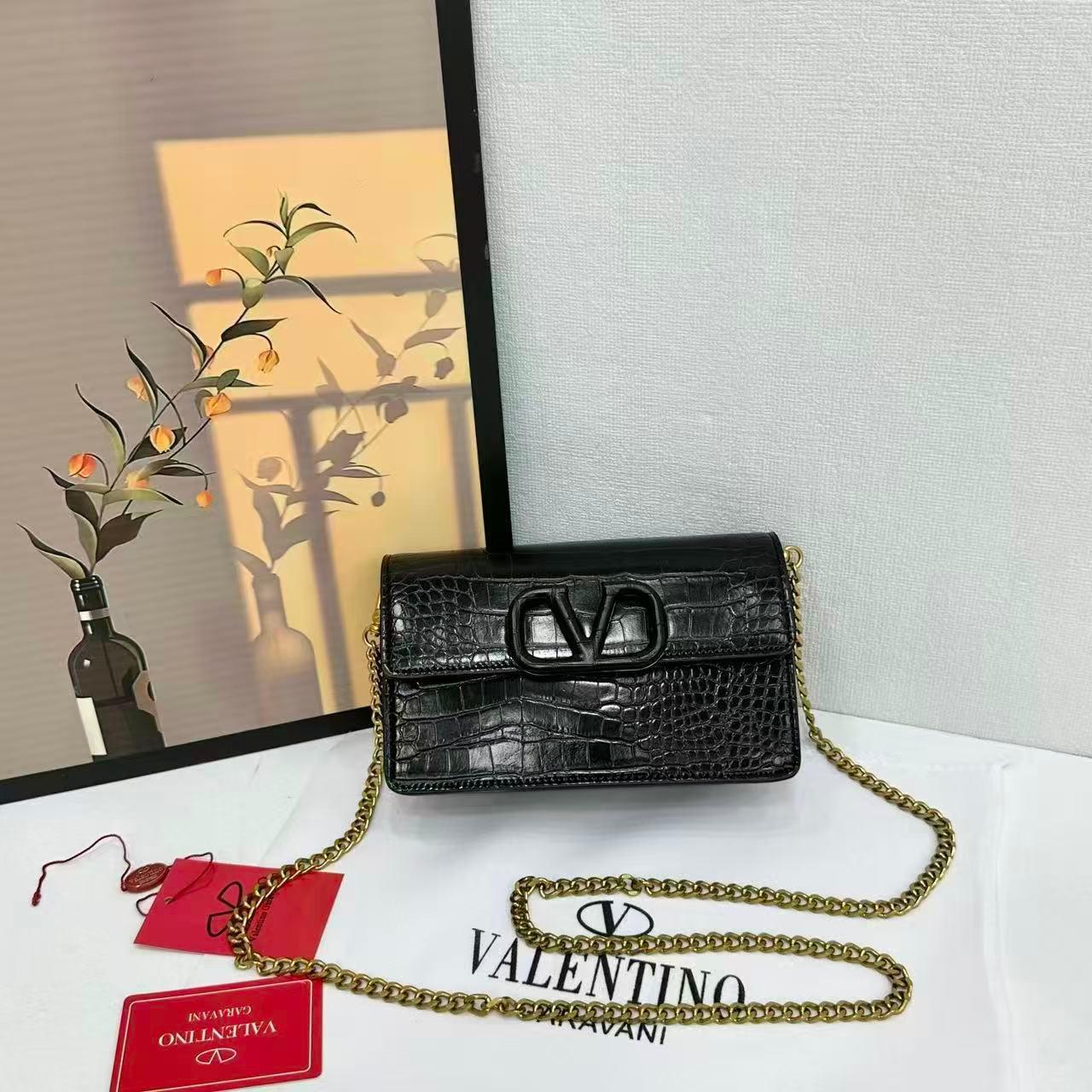 Valentino Garavani VLogo Signature Croc-Embossed Calfskin Chain bag (Black)