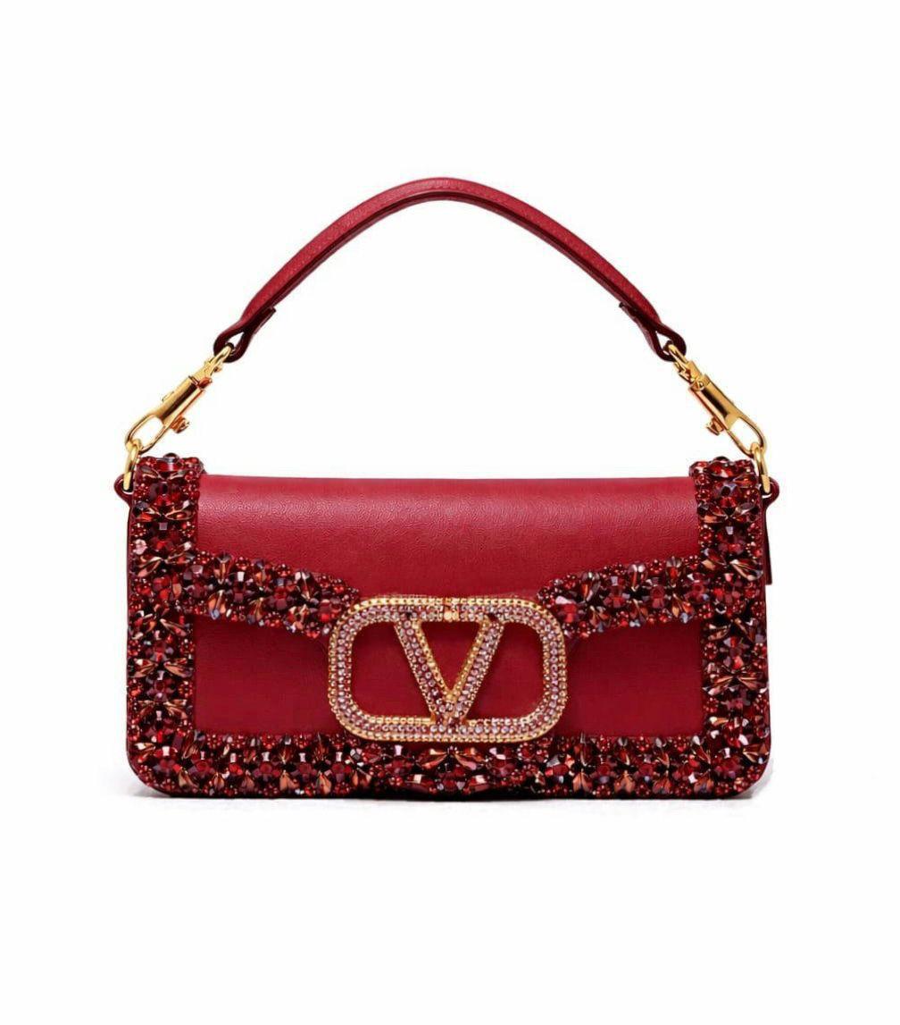 Valentino Garavani VLogo Locò Crystal-Embellished Leather Shoulder Bag (Red)