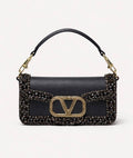 Valentino Garavani VLogo Loco Crystal-Embellished Leather Shoulder Bag (Black)