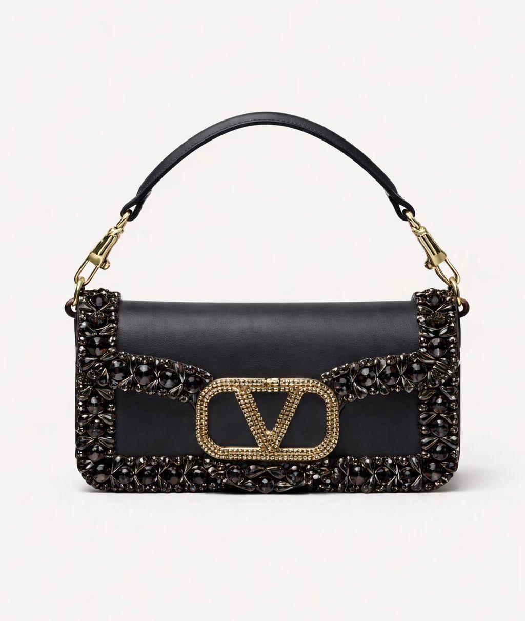 Valentino Garavani VLogo Loco Crystal-Embellished Leather Shoulder Bag (Black)