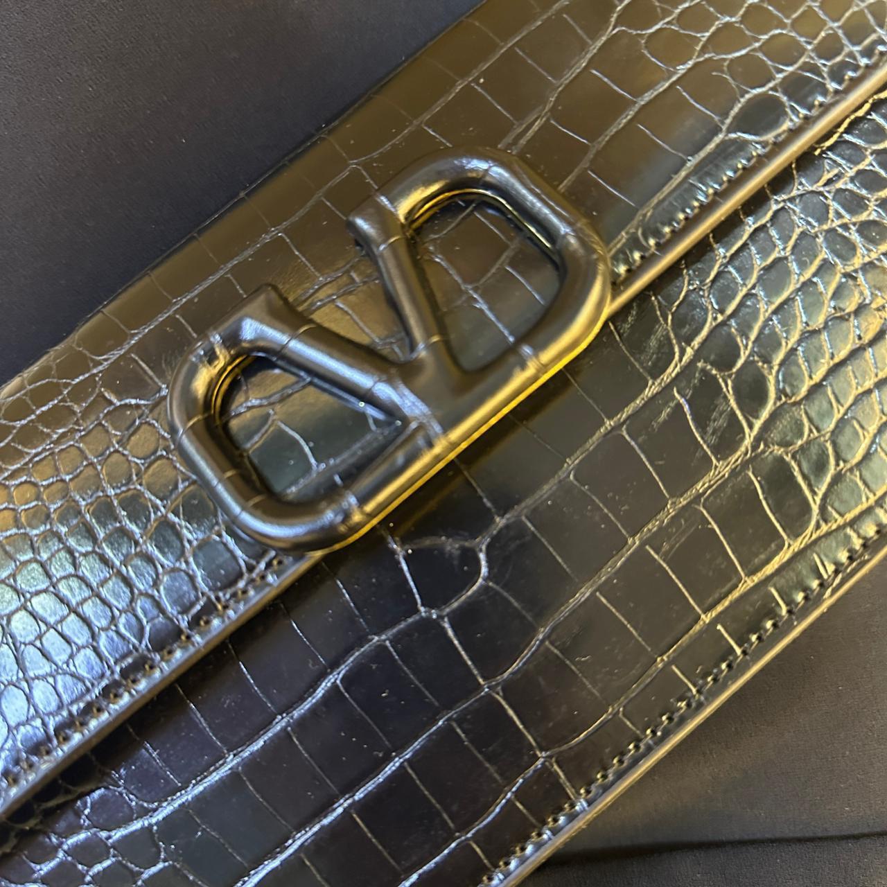 Valentino Garavani VLOGO Signature Chain Wallet (Black Croc-Embossed)