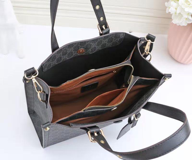 Gucci Ophidia Medium GG Tote Bag with Blue Leather Trim (Black/Grey GG Supreme with Black Leather)