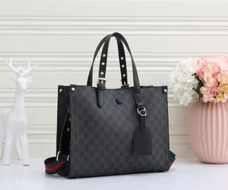 Gucci Ophidia Medium GG Tote Bag with Blue Leather Trim (Black/Grey GG Supreme with Black Leather)