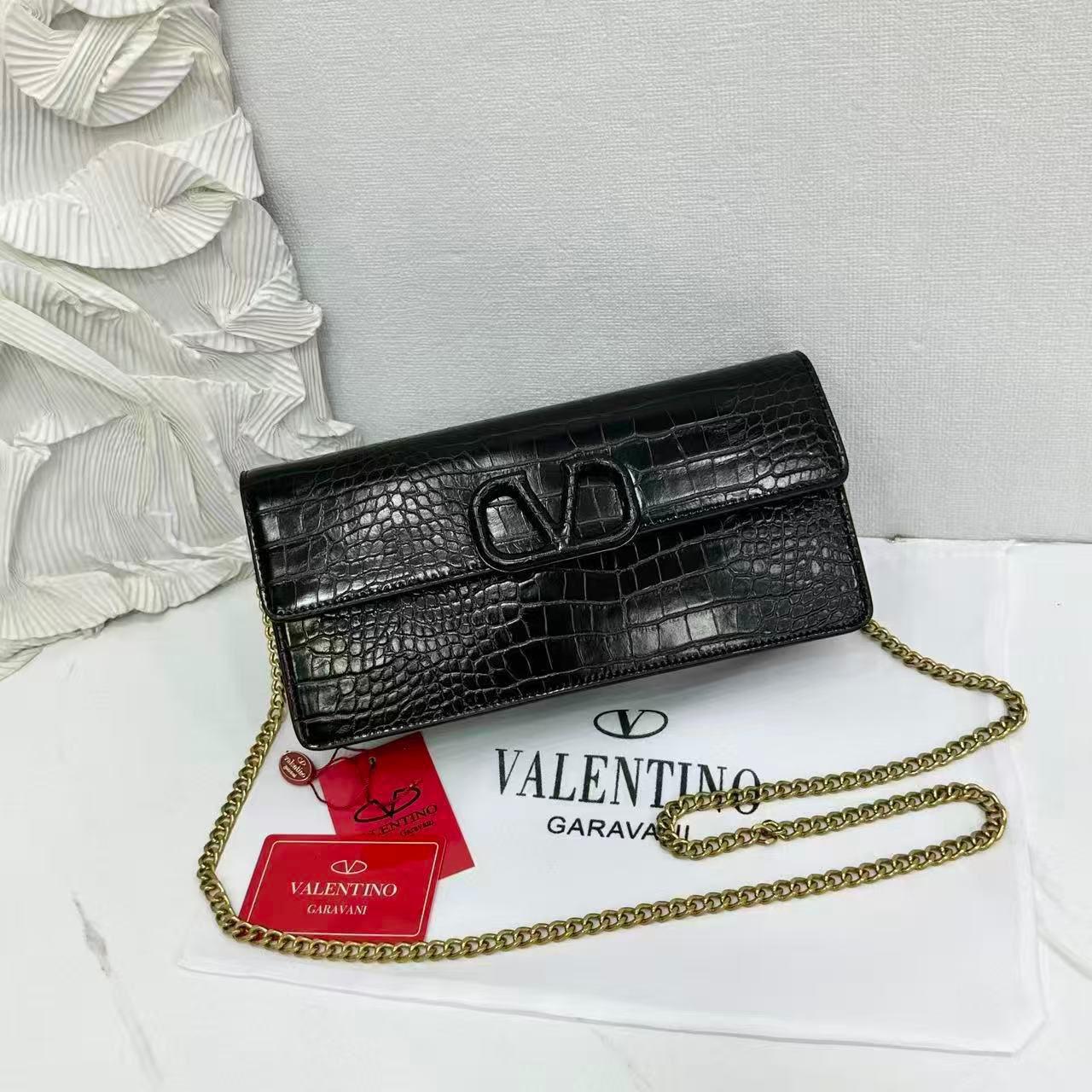 Valentino Garavani VLOGO Signature Chain Wallet (Black Croc-Embossed)