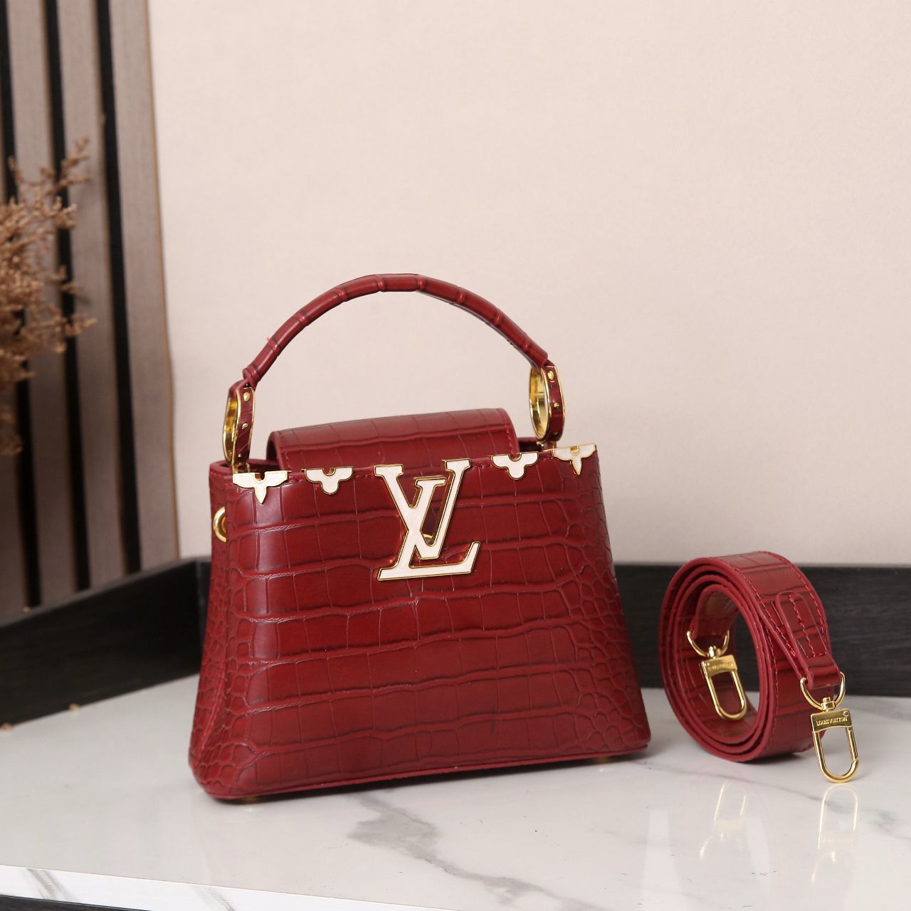 Louis Vuitton Capucines BB (Burgundy Crocodile-Effect Leather)