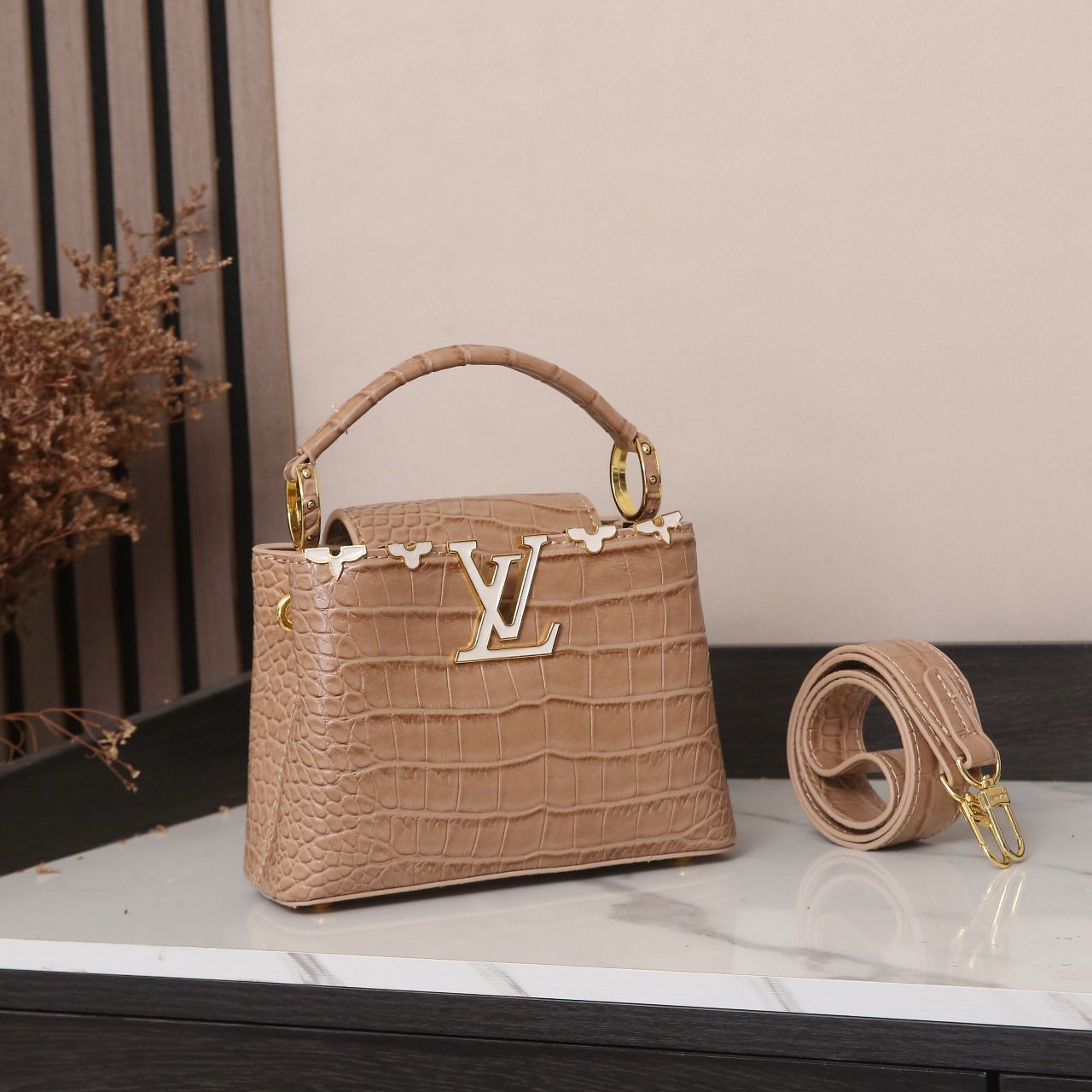 Capucines Mini (Crocodile/Alligator) Beige/Taupe