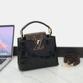 Louis Vuitton Capucines BB (Black Vernis Monogram / Monogram Canvas Flap)