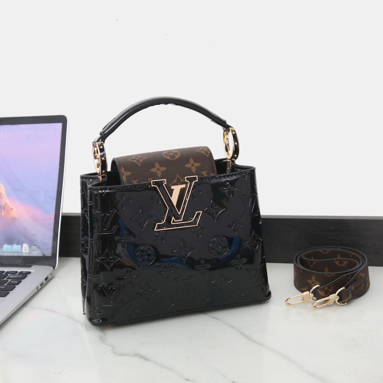 Louis Vuitton Capucines BB (Black Vernis Monogram / Monogram Canvas Flap)