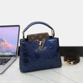 Louis Vuitton Capucines BB (Navy Blue Vernis Monogram / Monogram Canvas Flap)