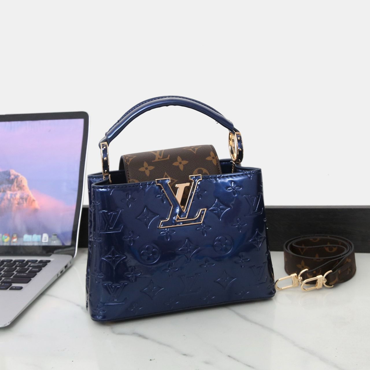 Louis Vuitton Capucines BB (Navy Blue Vernis Monogram / Monogram Canvas Flap)