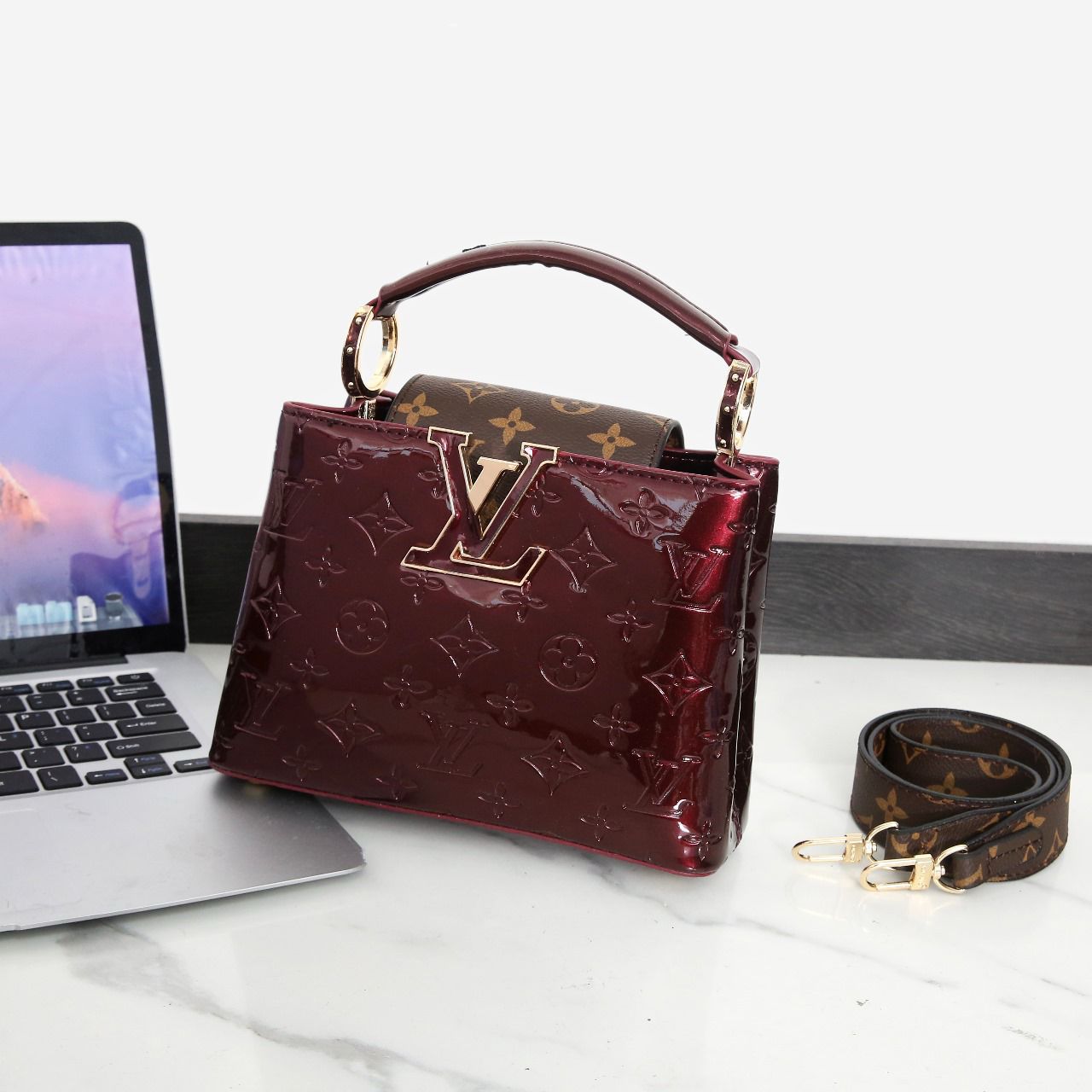Louis Vuitton Capucines BB (Amarante Vernis Monogram / Monogram Canvas Flap)