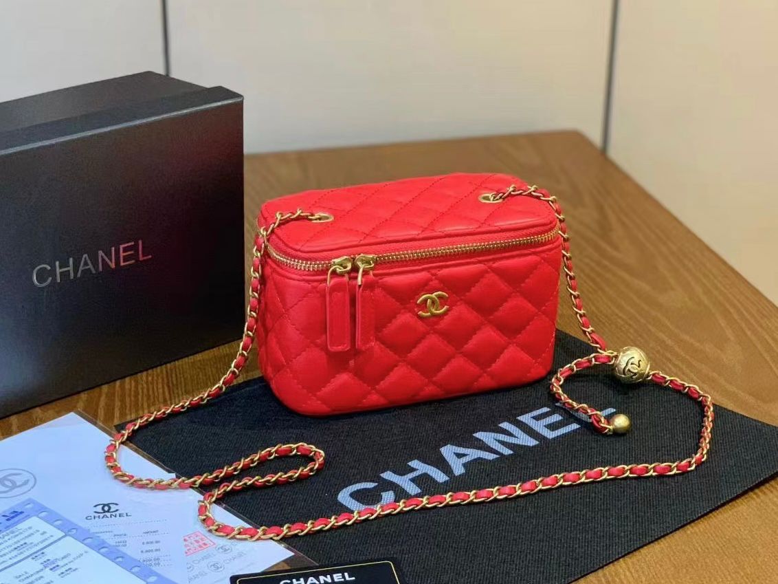 Chanel Vanity Case with Adjustable Gold Ball Chain (Red)