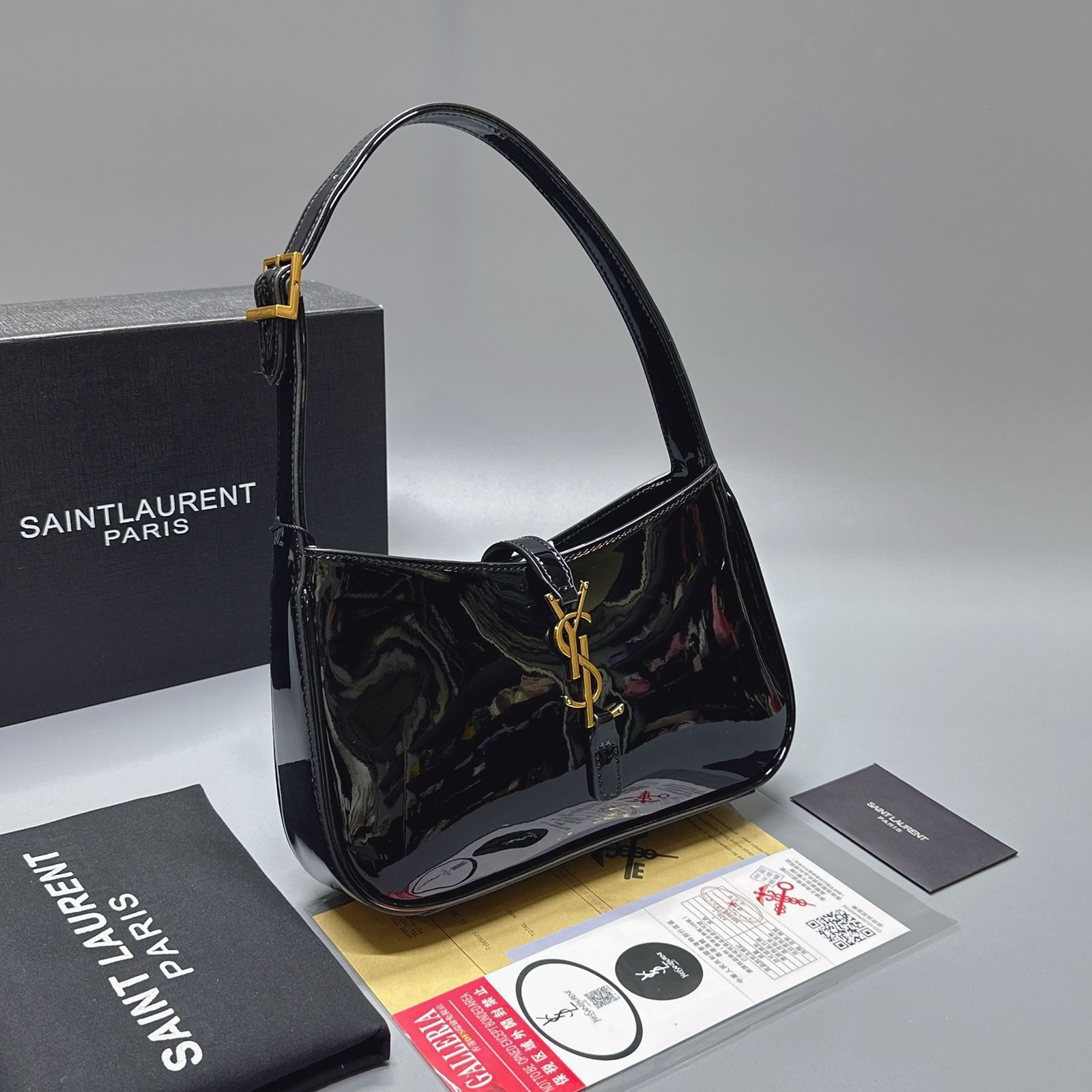 Saint Laurent Le 5 à 7 Hobo Bag (Black Patent Leather)