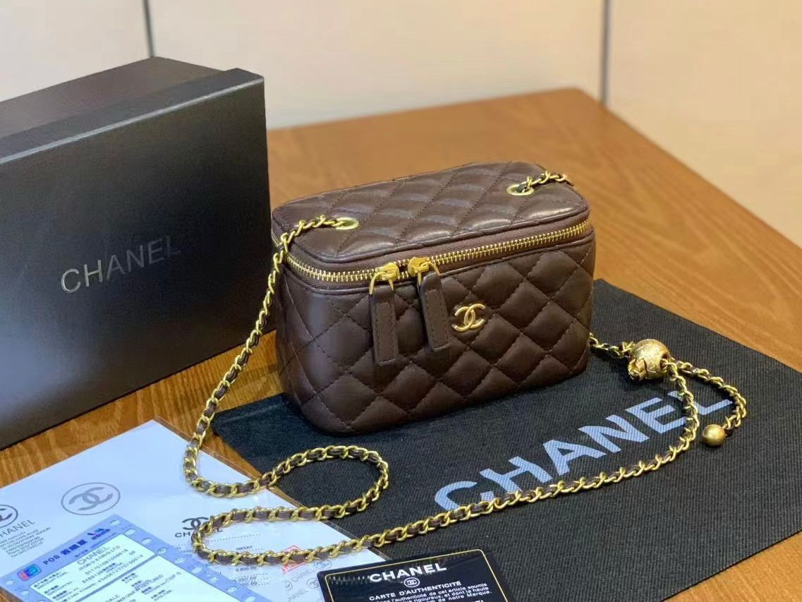 Chanel Vanity Case with Adjustable Gold Ball Chain (Dark Brown)