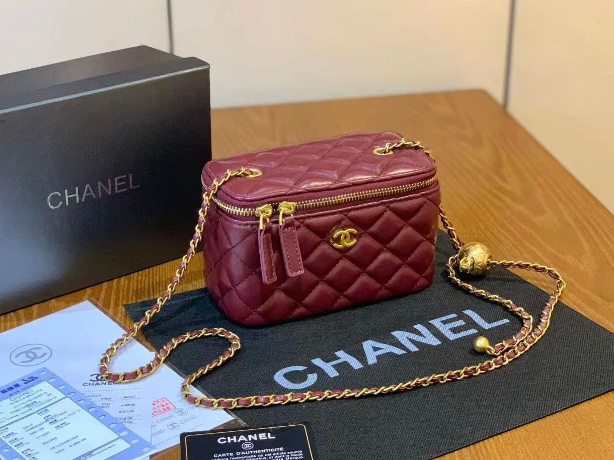 Chanel Vanity Case with Adjustable Gold Ball Chain (Burgundy)