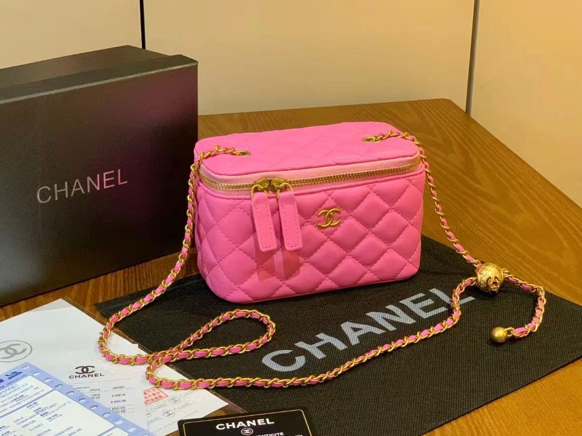 Chanel Vanity Case with Adjustable Gold Ball Chain (Pink)