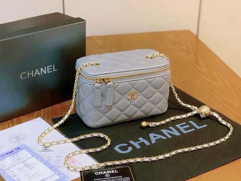 Chanel Vanity Case with Adjustable Gold Ball Chain (Grey)