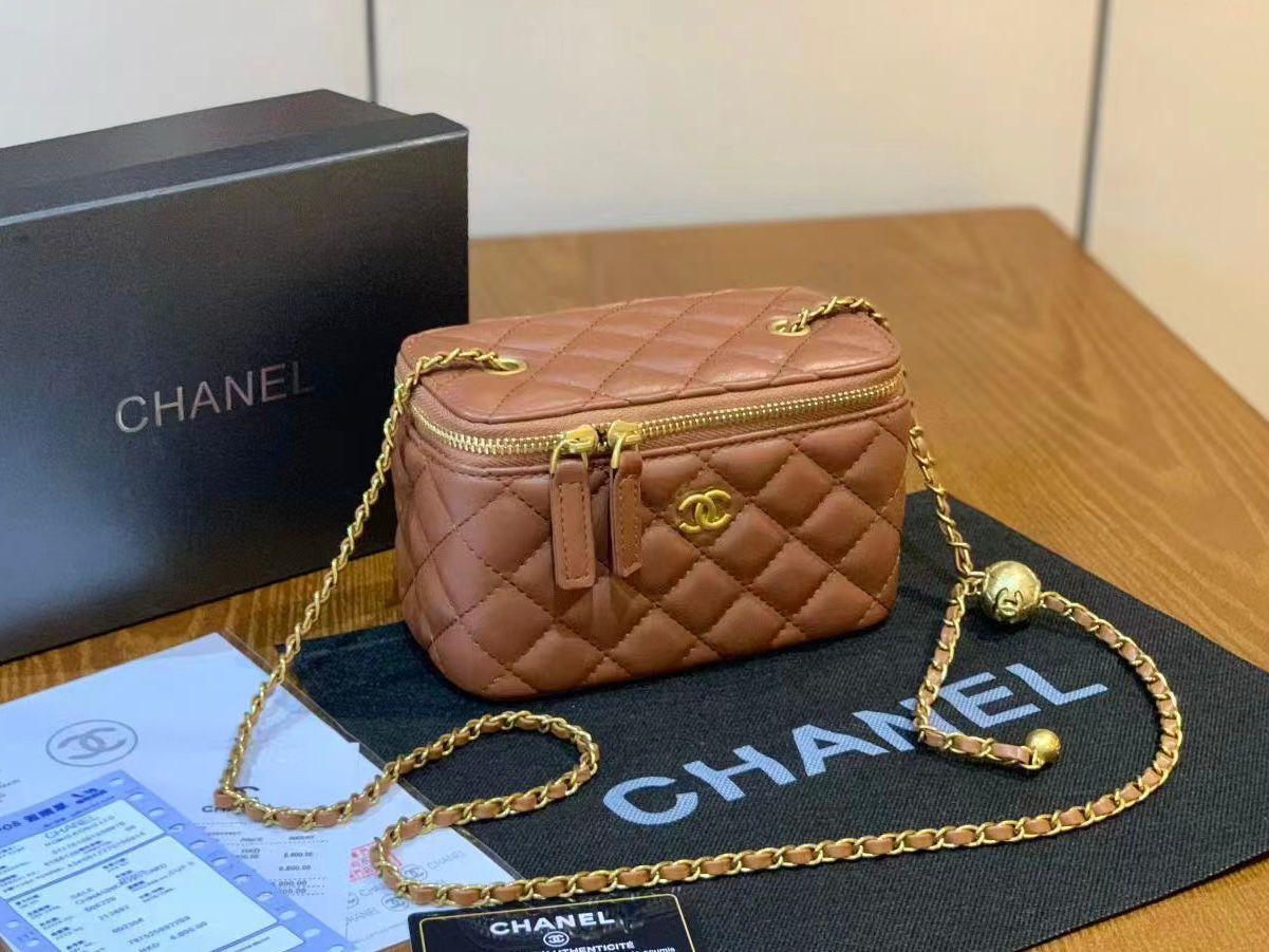 Chanel Vanity Case with Adjustable Gold Ball Chain (Caramel)