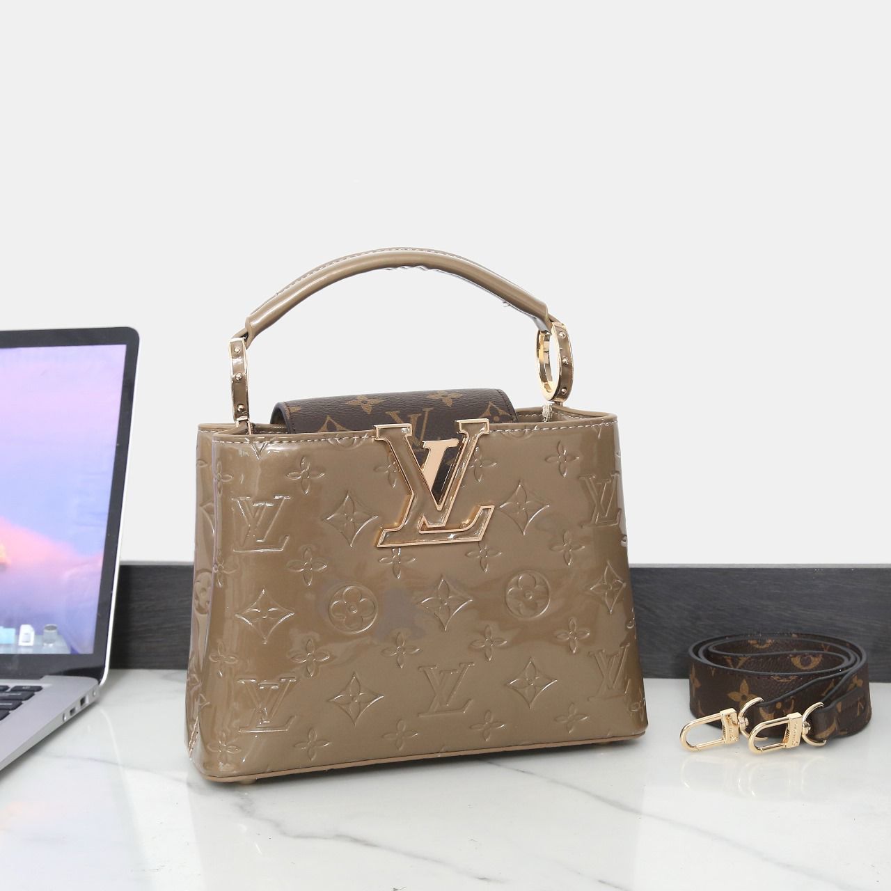 Louis Vuitton Capucines BB (Taupe Vernis Monogram / Monogram Canvas Flap)