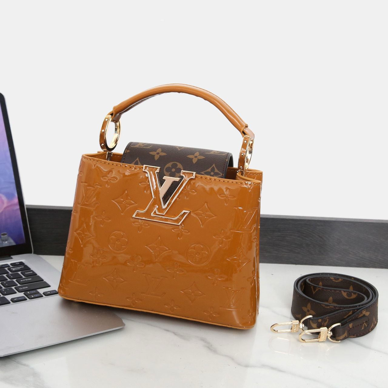 Louis Vuitton Capucines BB (Camel Vernis Monogram / Monogram Canvas Flap)