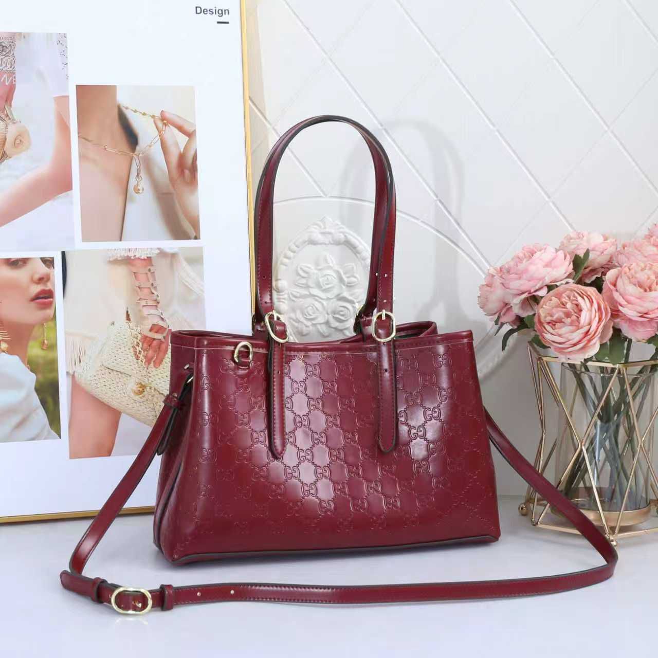 Gucci Signature Leather Tote (Burgundy/Dark Red)
