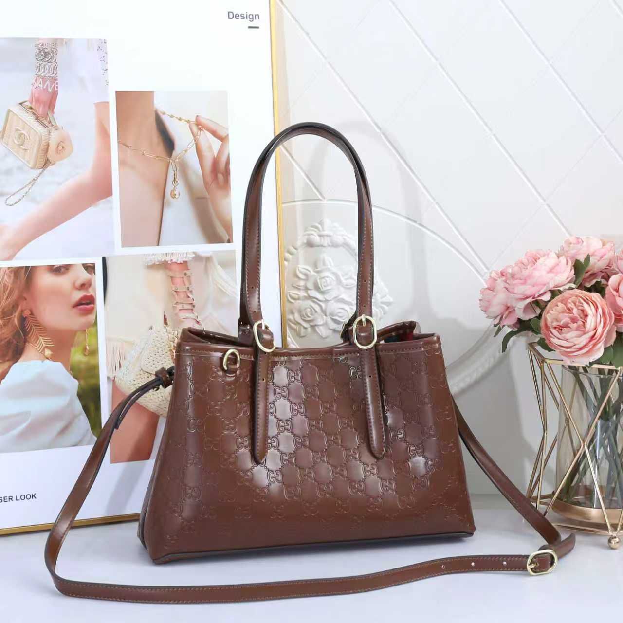 Gucci Signature Leather Tote (Chocolate Brown)