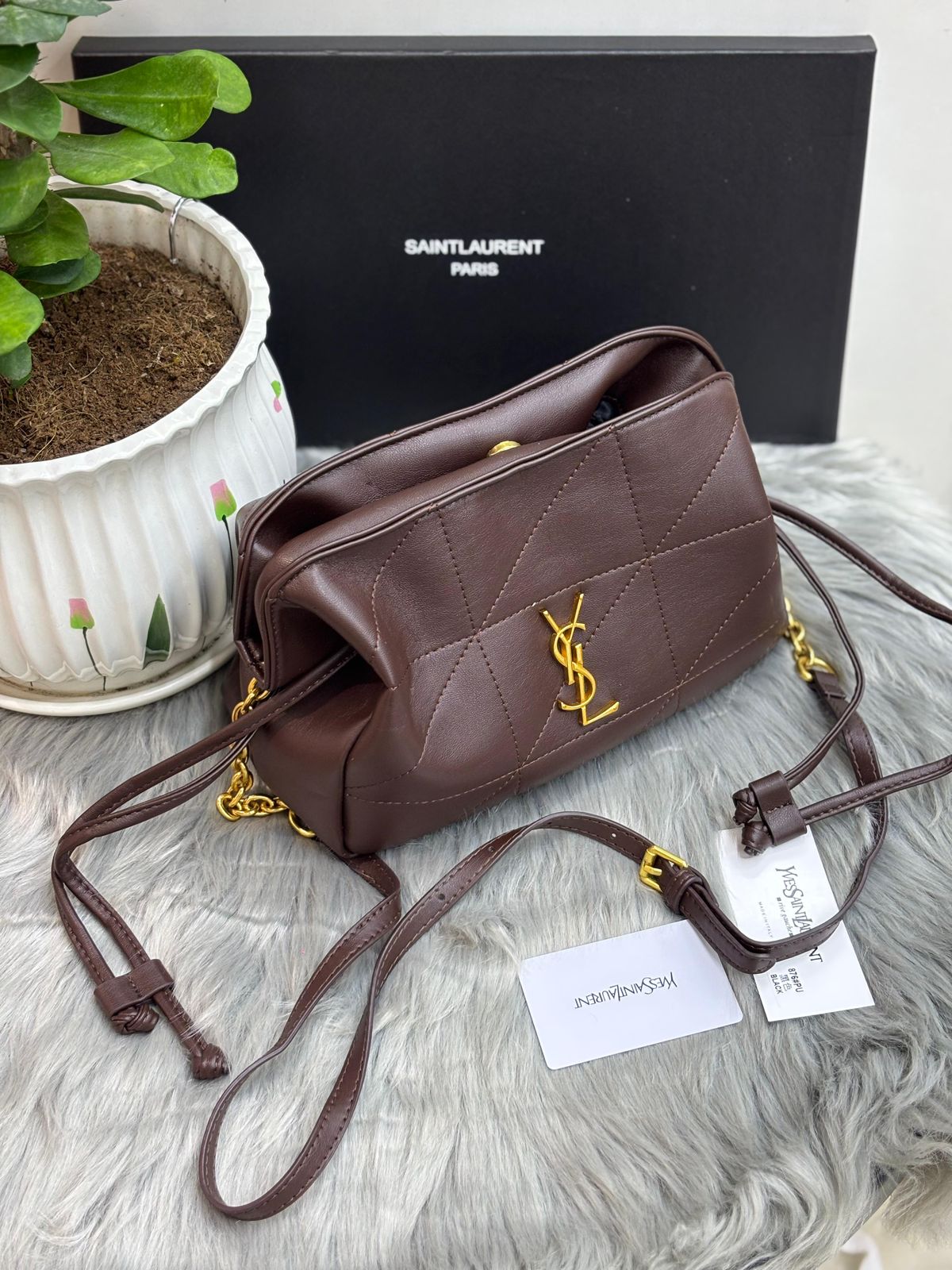 Saint Laurent June Box Bag in Quilted Lambskin (Dark Brown/Chocolate)