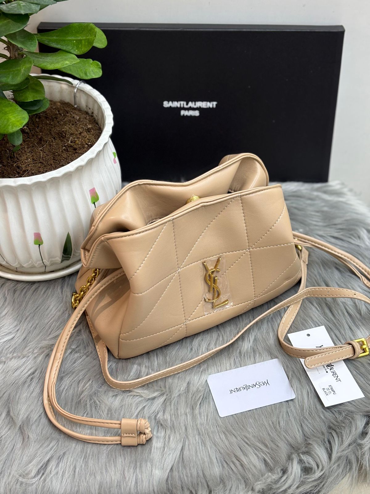 Saint Laurent June Box Bag in Quilted Lambskin (Beige/Nude)