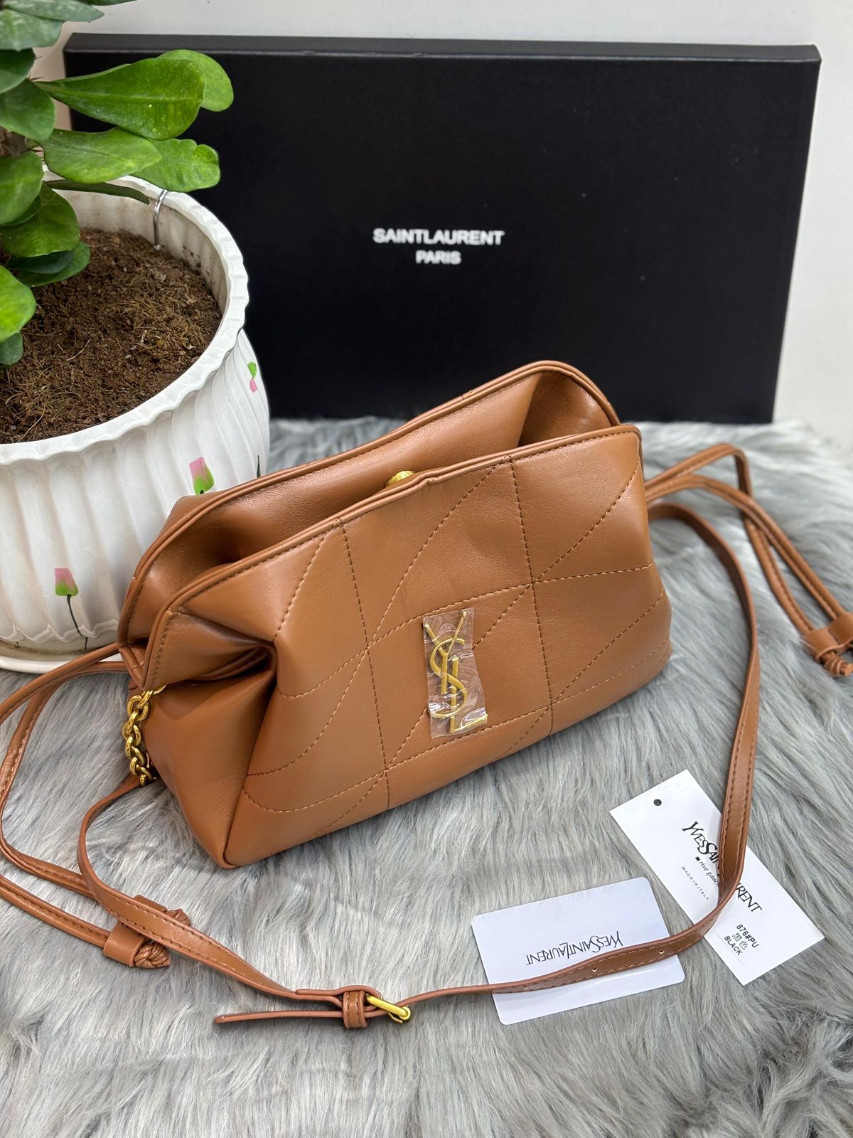 Saint Laurent June Box Bag in Quilted Lambskin (Tan/Caramel)